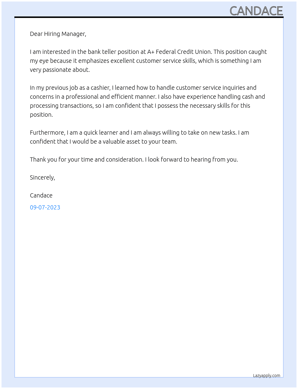 bank teller At A+ Federal Credit Uion Cover Letter