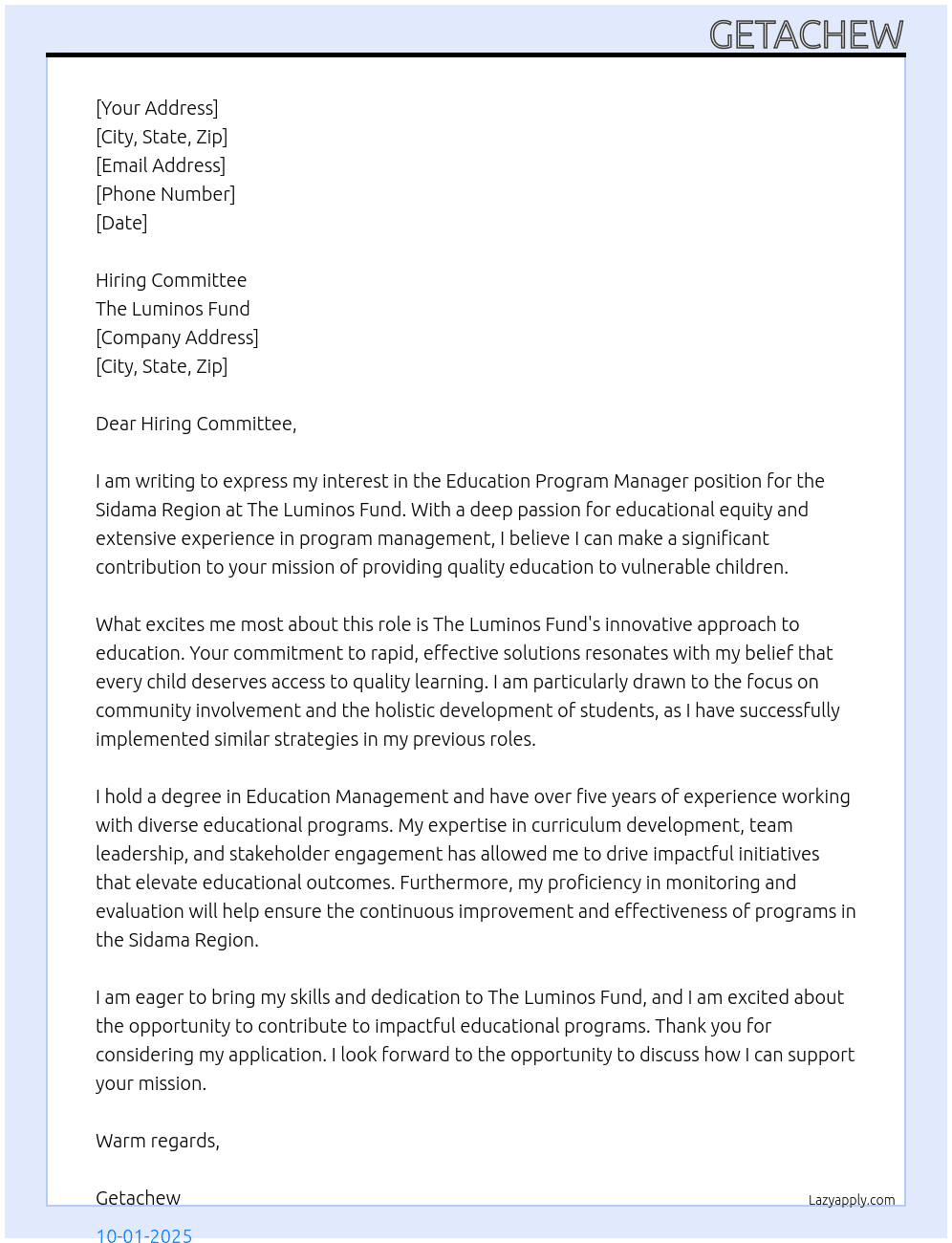 Education Program Manager- Sidama Region At The Luminos Fund Cover Letter