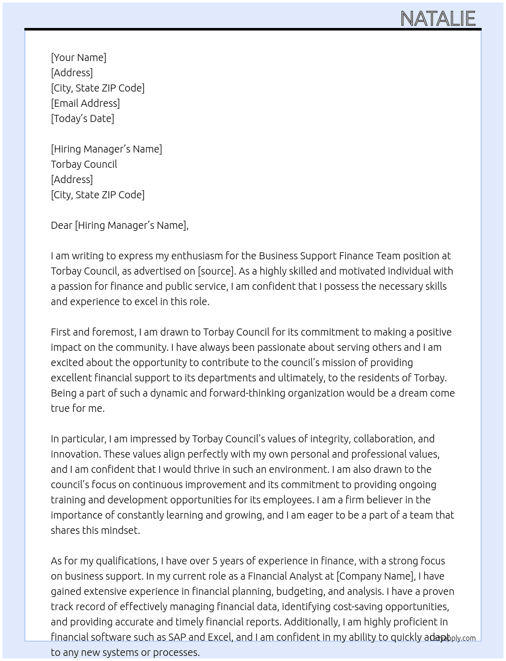 Cover letter for business support finance team - LazyApply