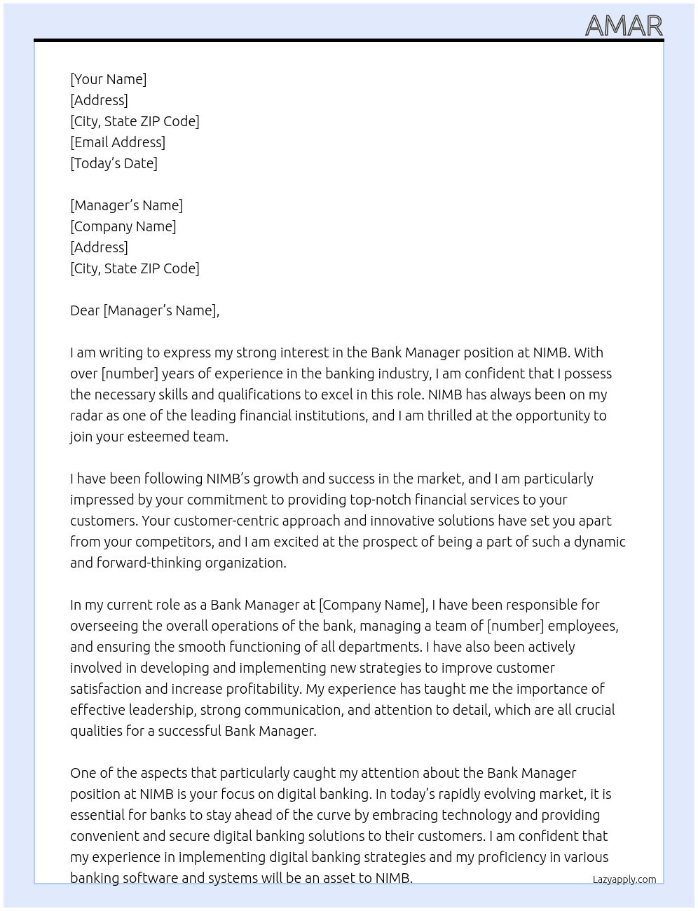 Bank At NIMB Cover Letter