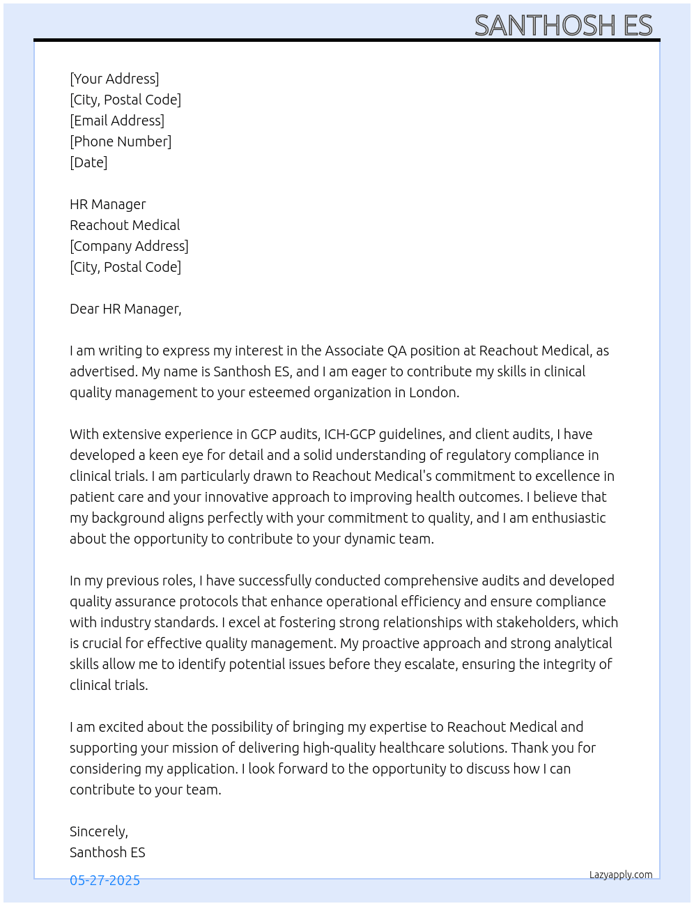 Associate QA At Reachout Medical Cover Letter