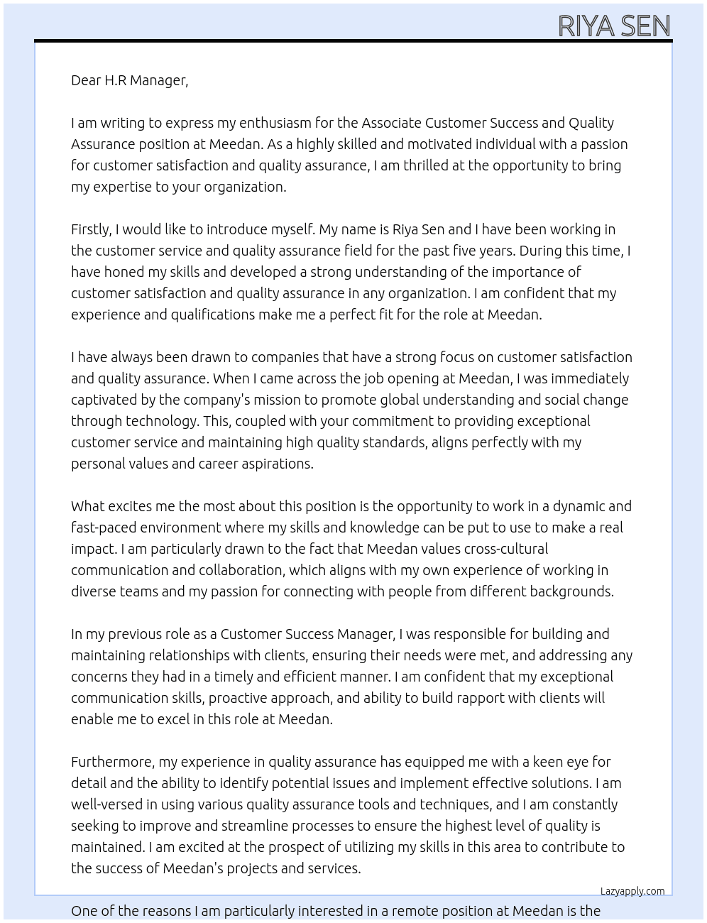Associate Customer Success and Quality Assurance At Meedan Cover Letter