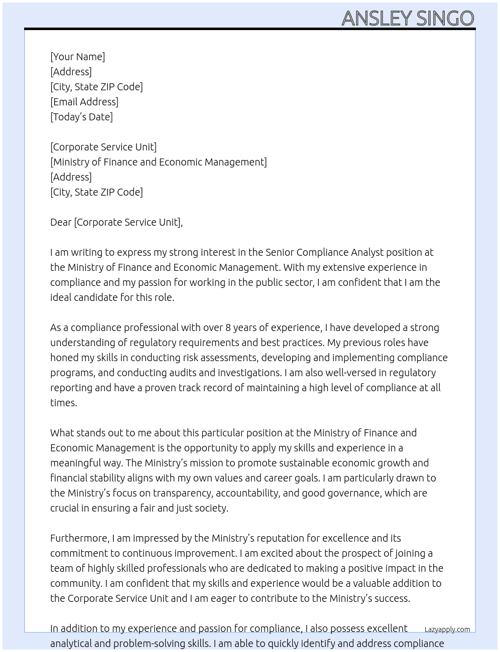 Senior Compliance Analyst At Ministry of Finance and Economic Management Cover Letter