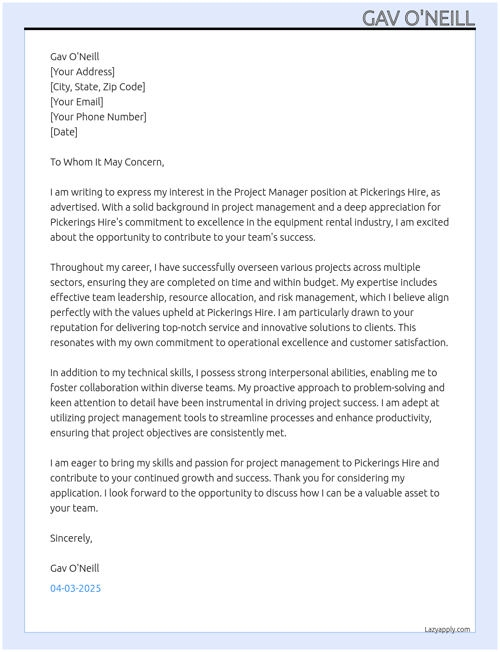 Project Manager At Pickerings Hire Cover Letter