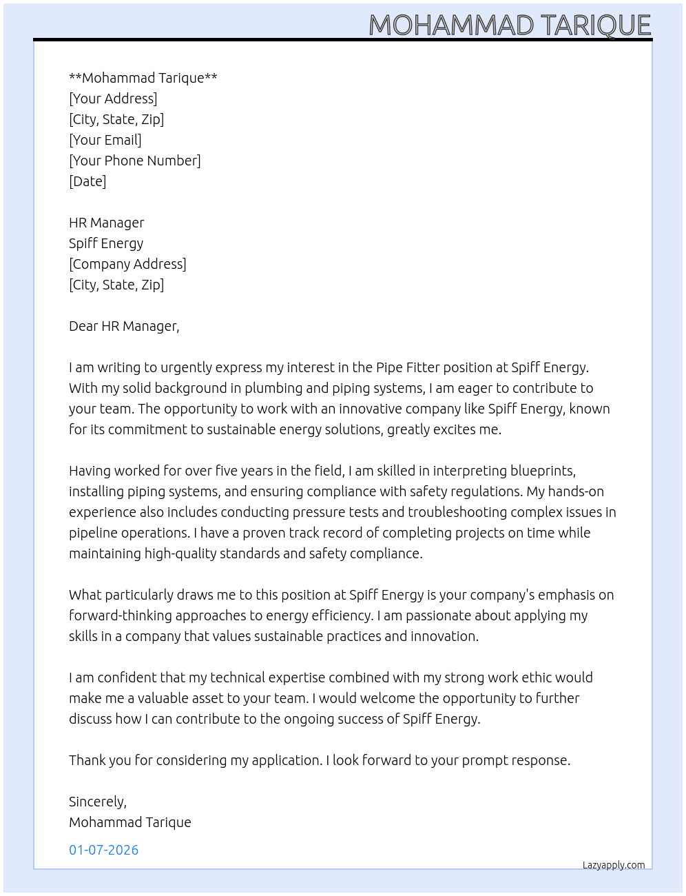 Pipe fitter At Spiff energy Cover Letter