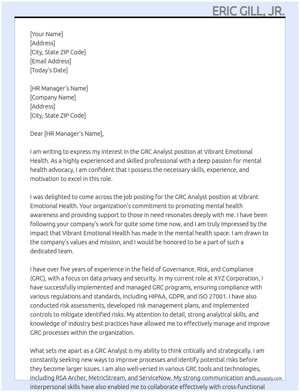 GRC Analyst At Vibrant Emotional Health Cover Letter