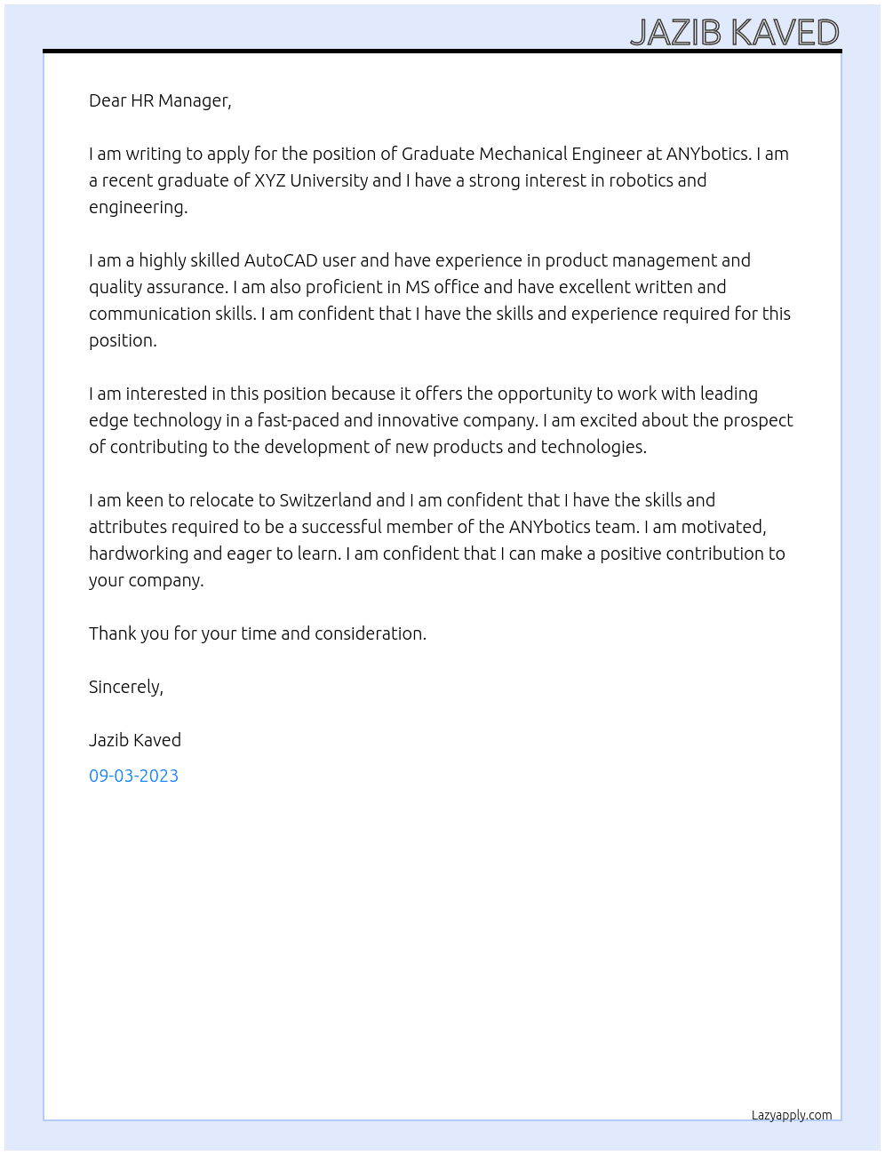 Graduate Mechanical Engineer  At ANYbotics Cover Letter