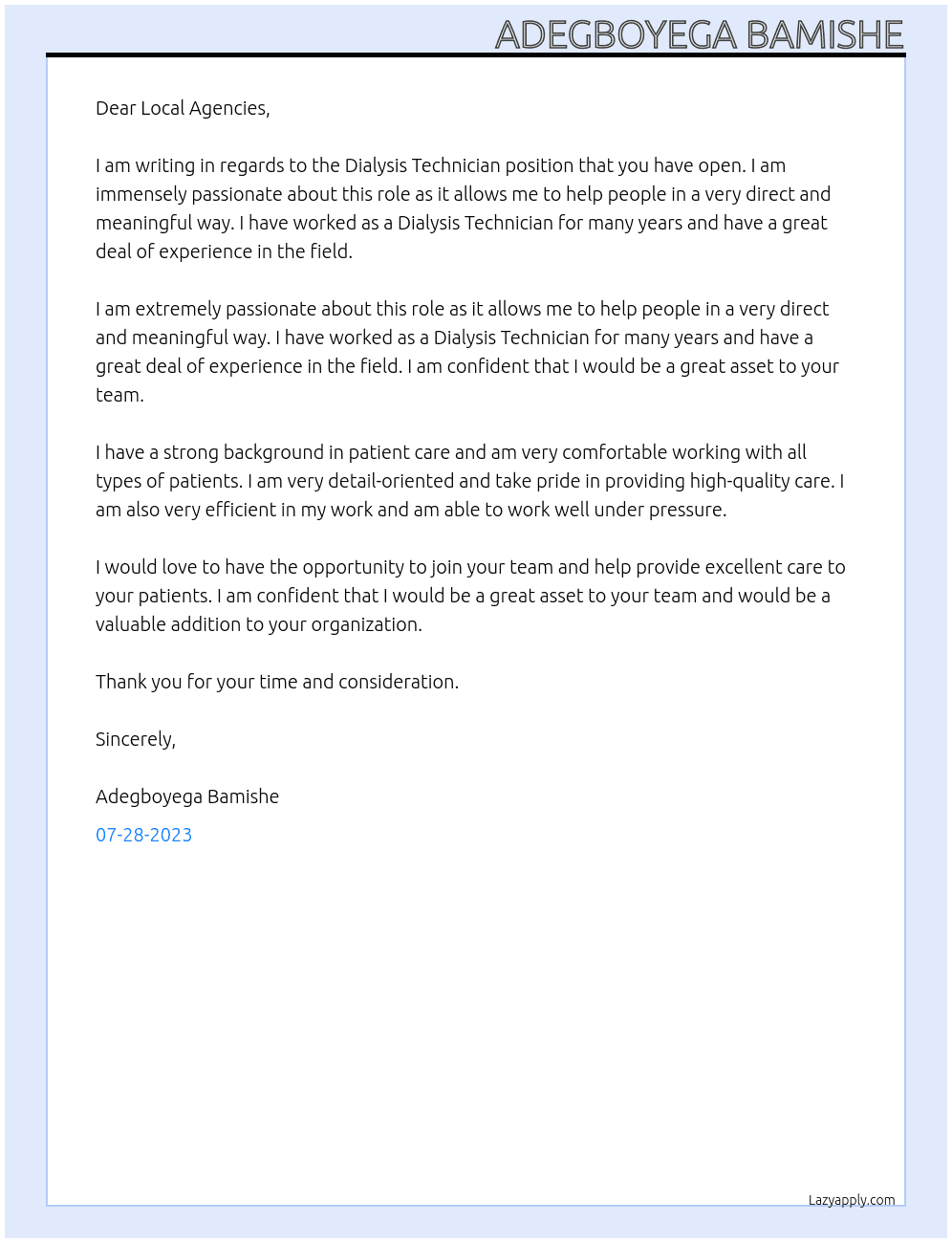 DIALYSIS TECHNICIAN At NHS Cover Letter