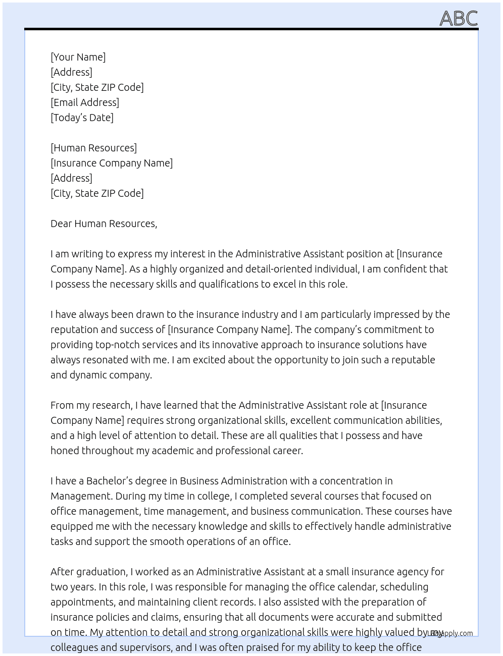 administartive assistant At insurance Cover Letter
