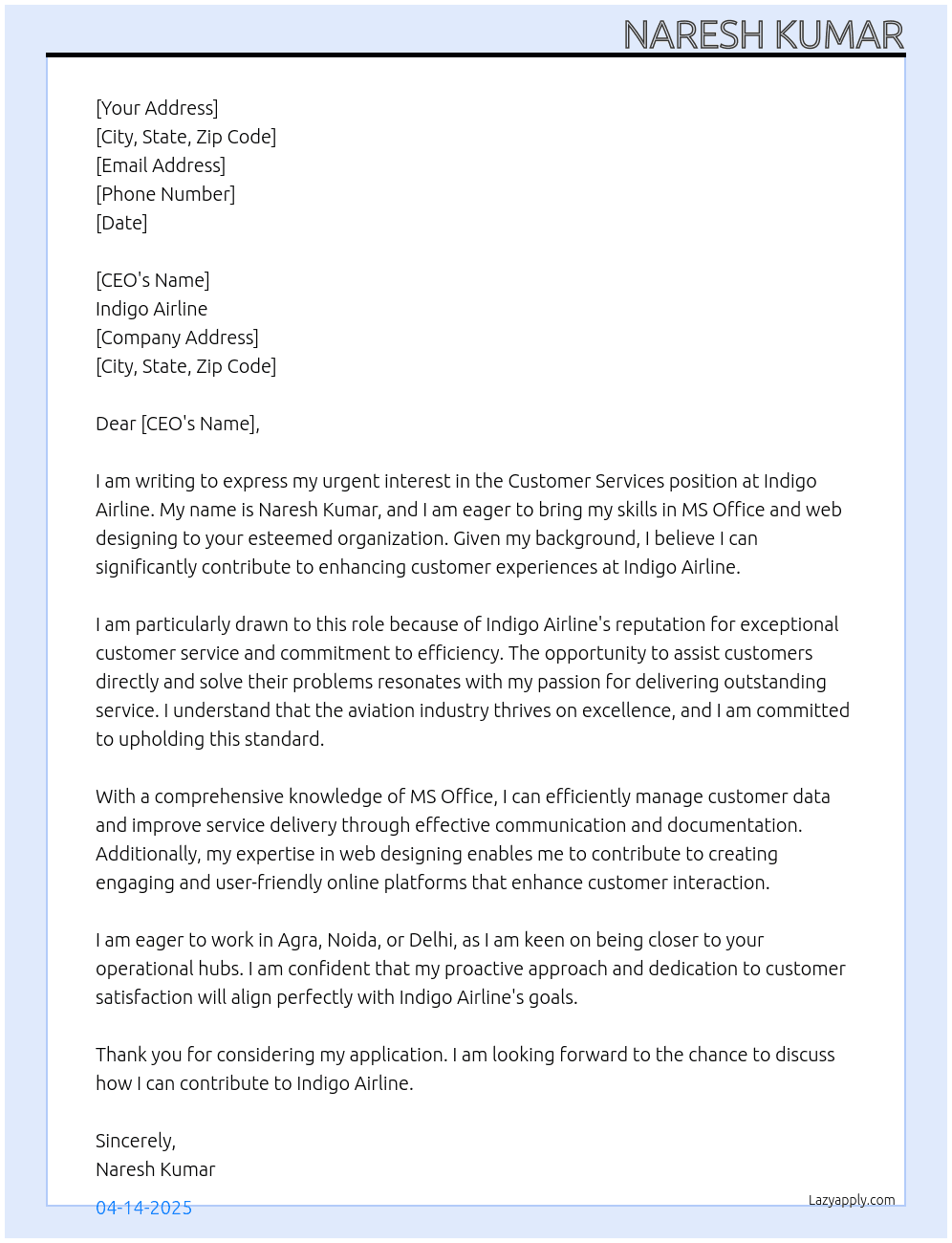 customer services At indigo airline Cover Letter