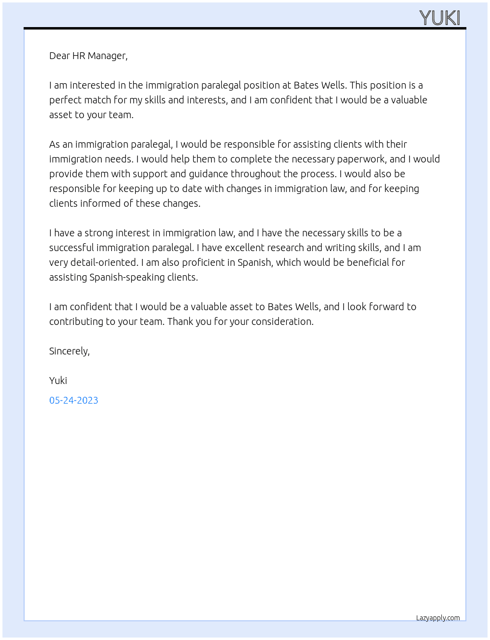 Immigration Paralegal At Bates Wells  Cover Letter