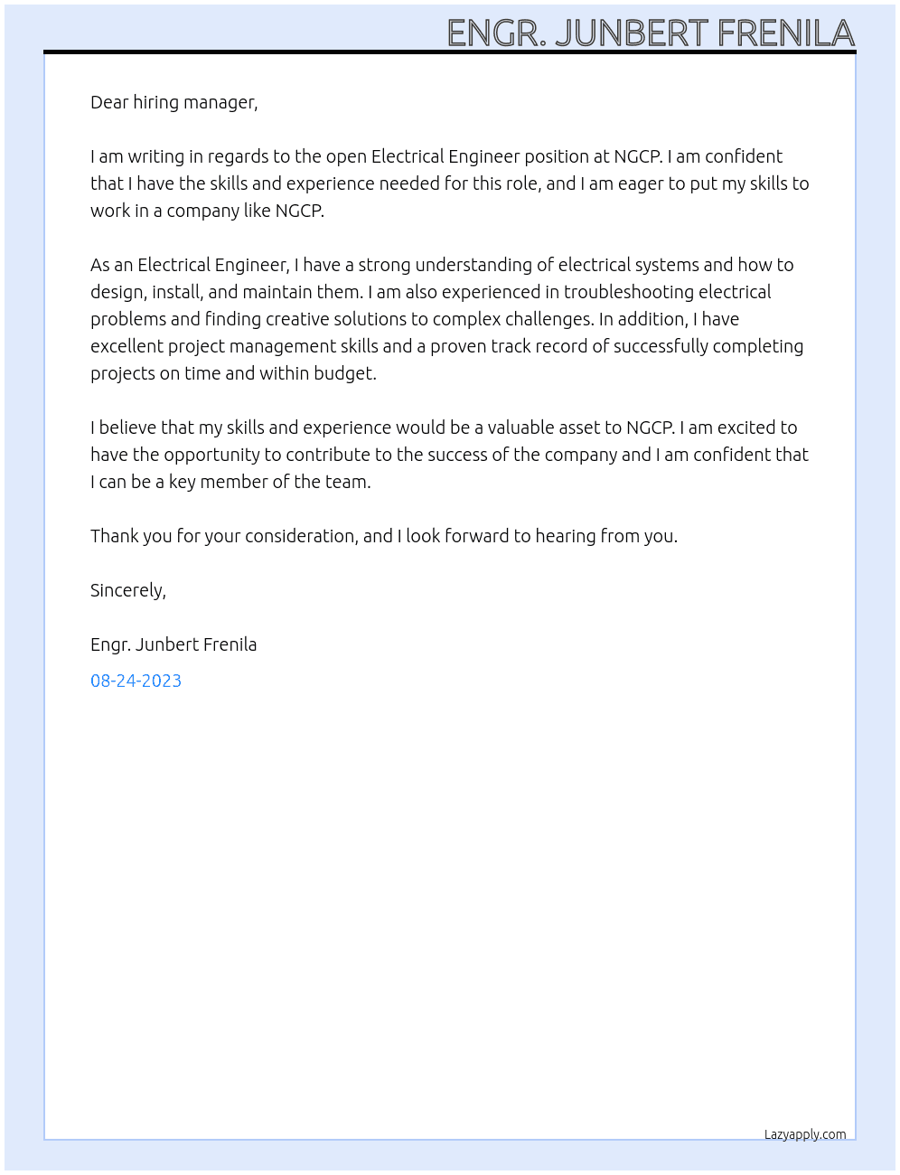 Electrical Engineer At NGCP Cover Letter