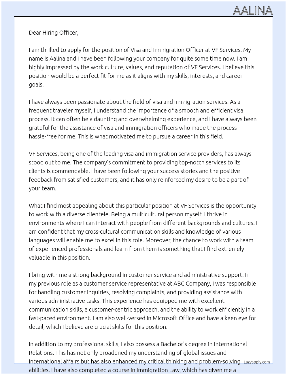Visa and immigration officer  At Vf services  Cover Letter