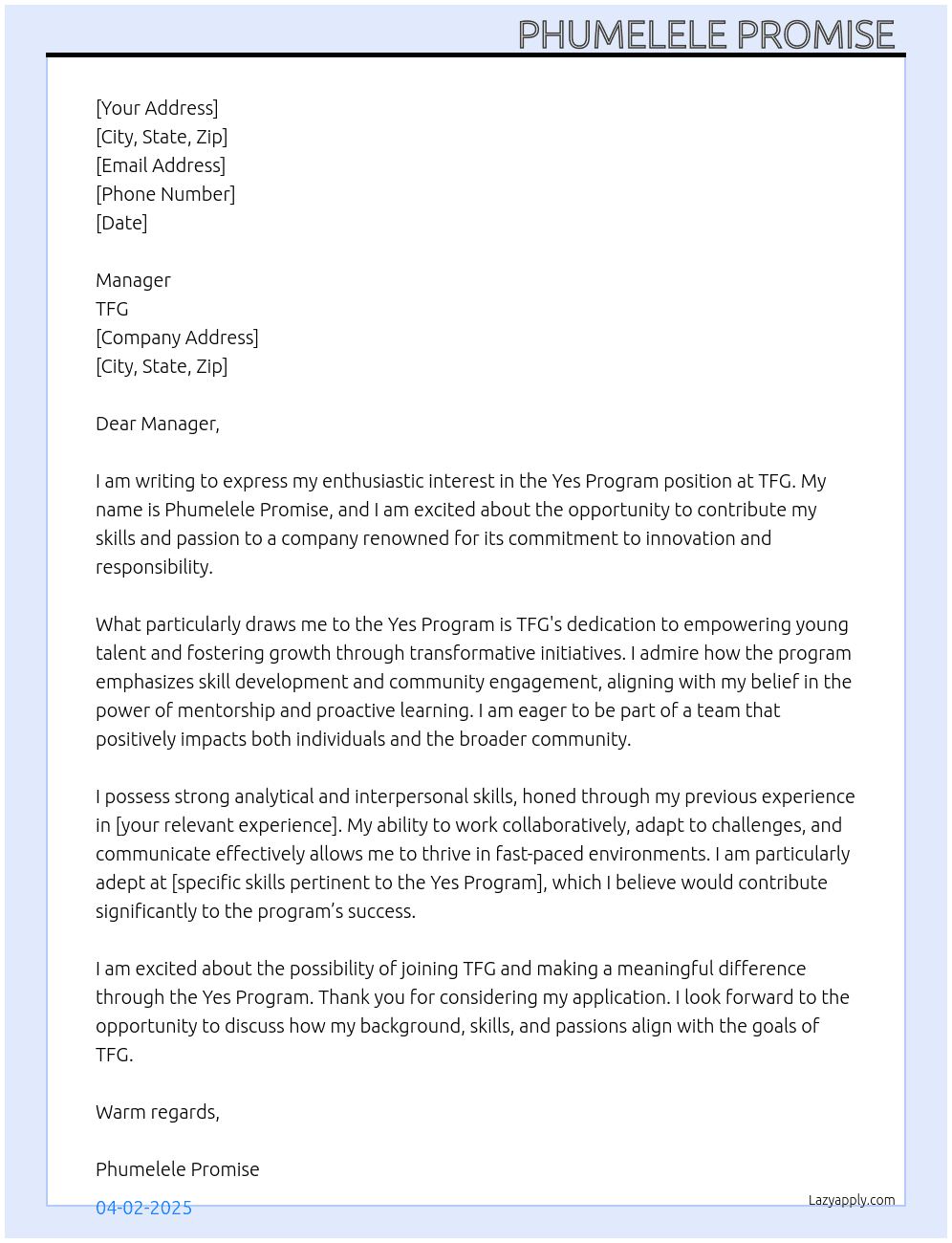 Yes program  At Tfg  Cover Letter