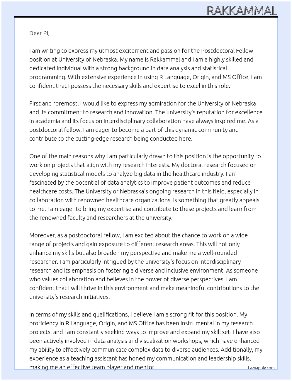 Postdoctoral Fellow At University of Nebraska Cover Letter