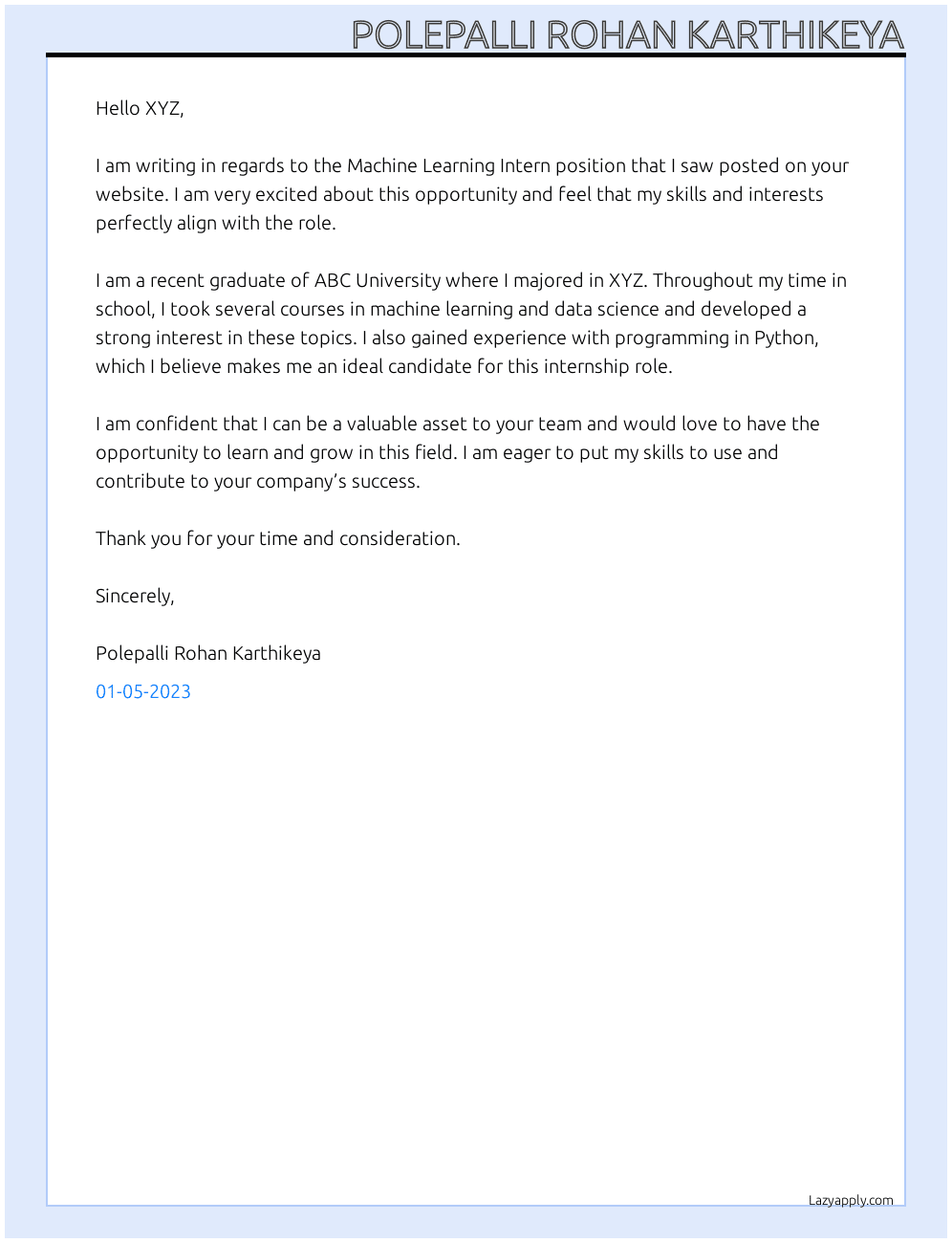 Machine learning intern At Xyz Cover Letter