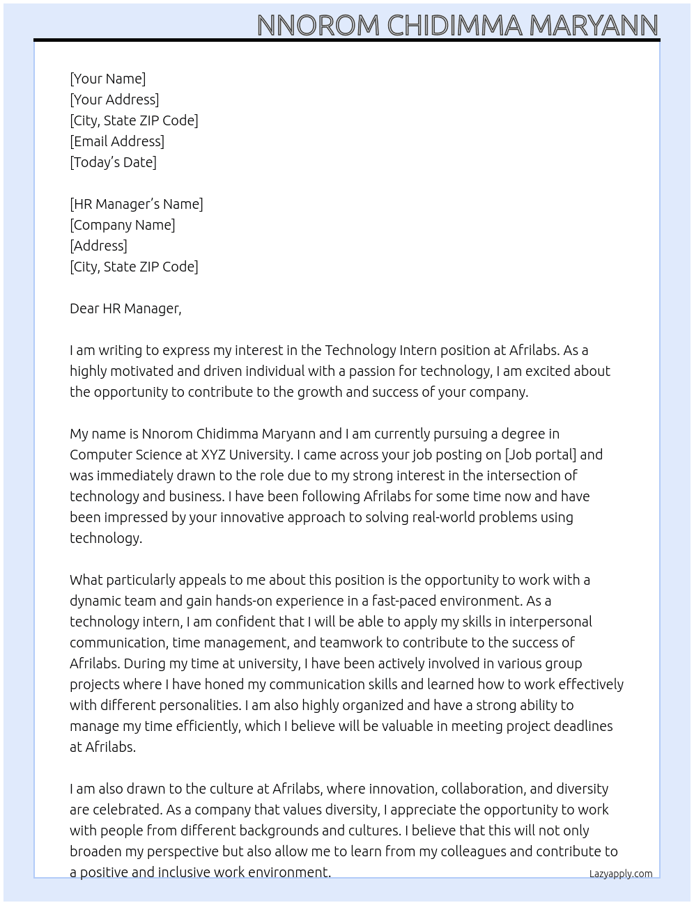 Technology intern At Afrilabs Cover Letter