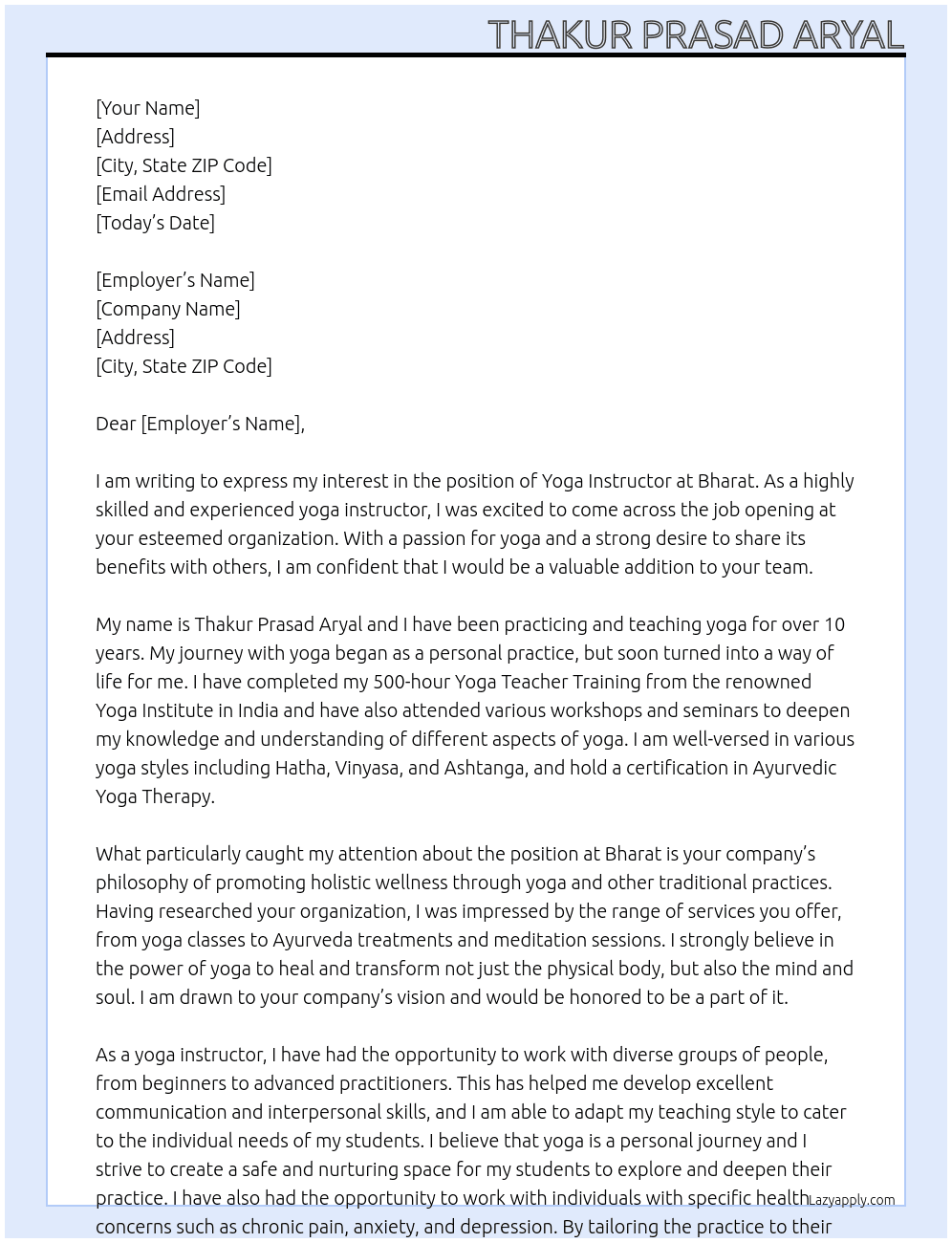 yoga Instructor At Bharat  Cover Letter