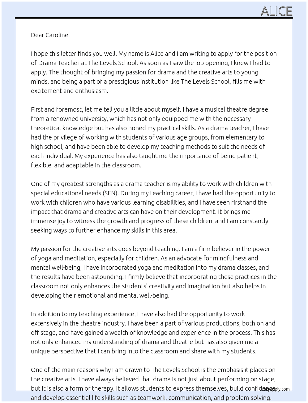 Drama teacher At The Levels School Cover Letter