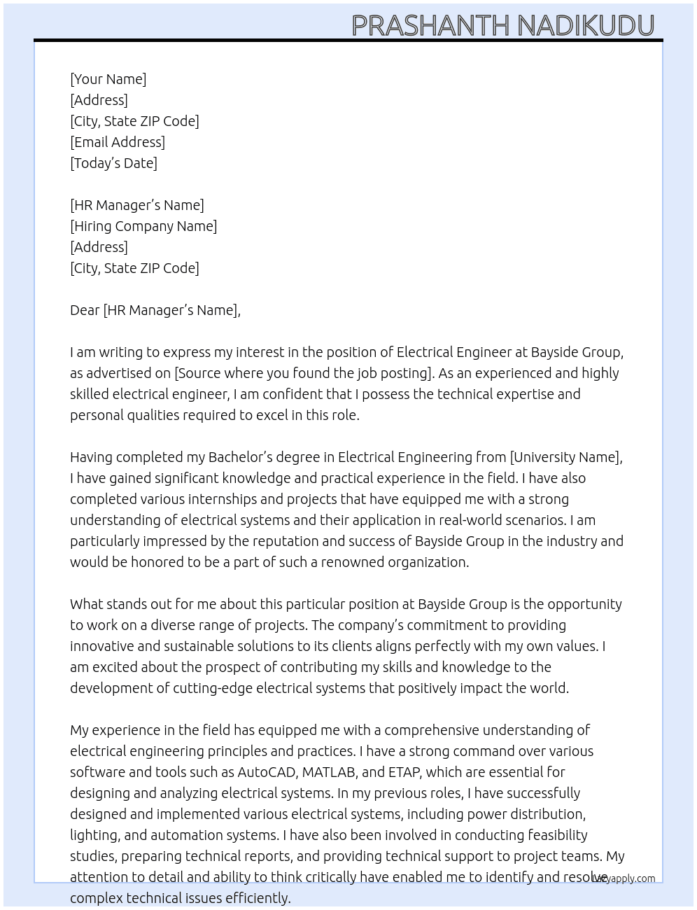 Electrical engineer  At Bayside group Cover Letter