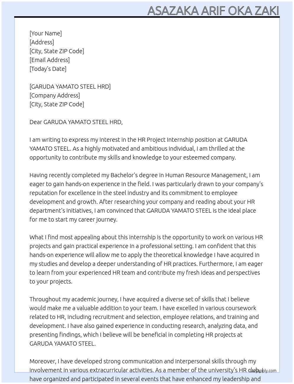 HR Project Internship At GARUDA YAMATO STEEL Cover Letter