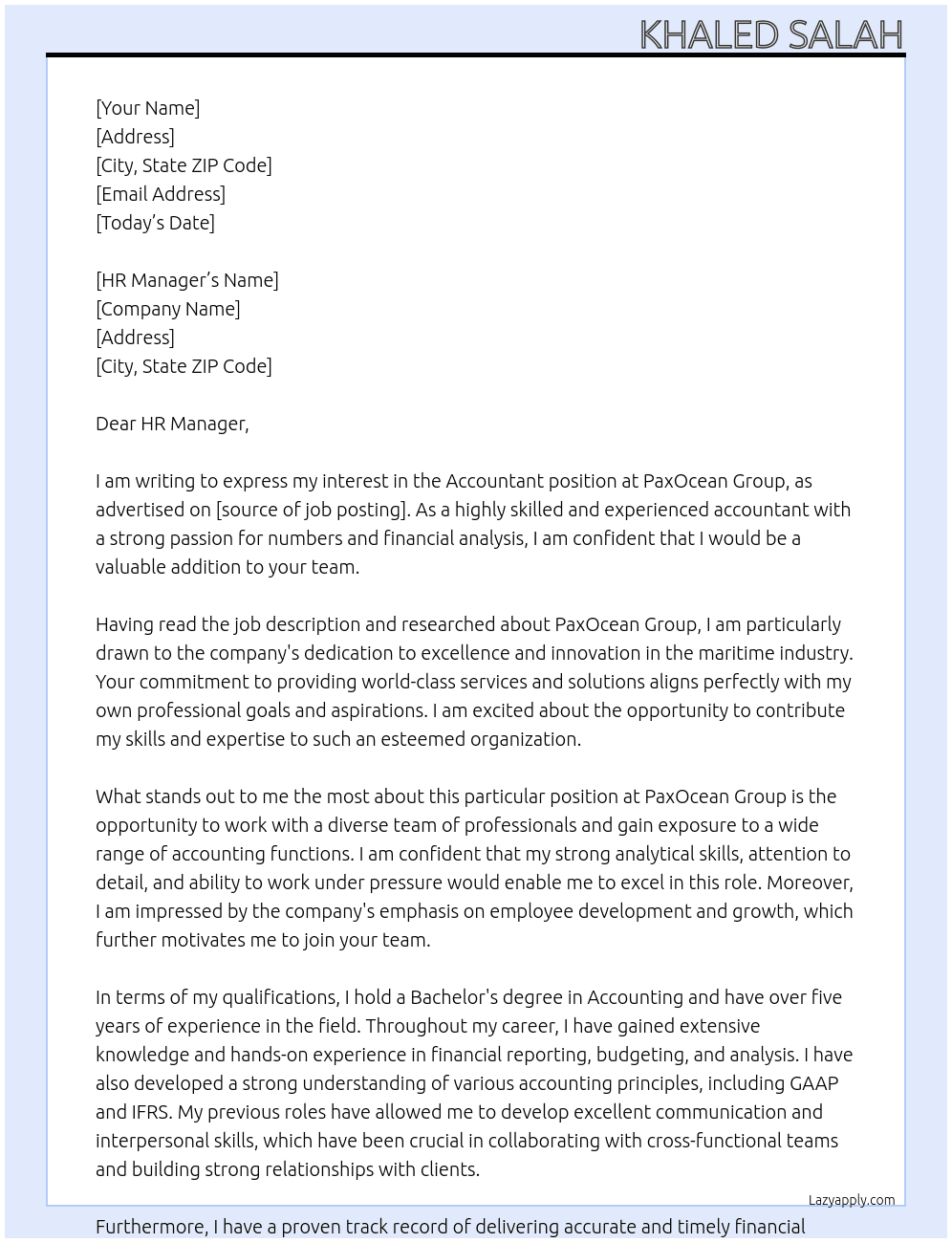 accountant At PaxOcean Group Cover Letter
