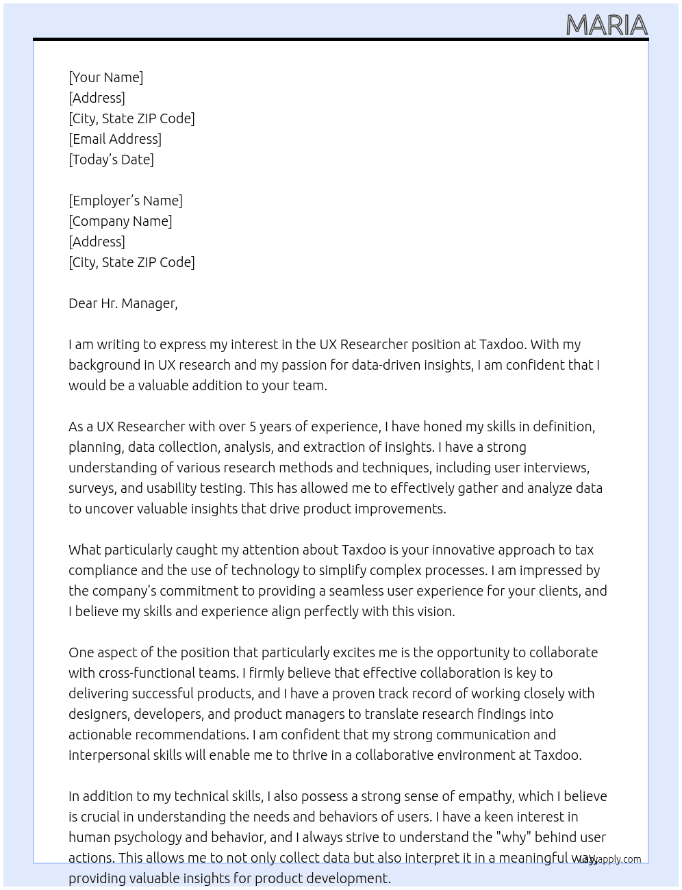 Ux Researcher At Taxdoo Cover Letter