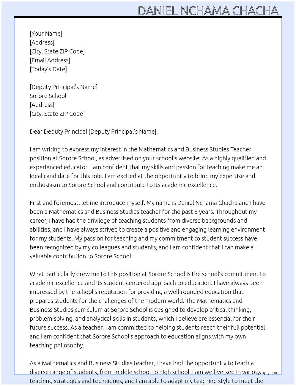 Mathematics and Business studies teacher At Sorore school Cover Letter