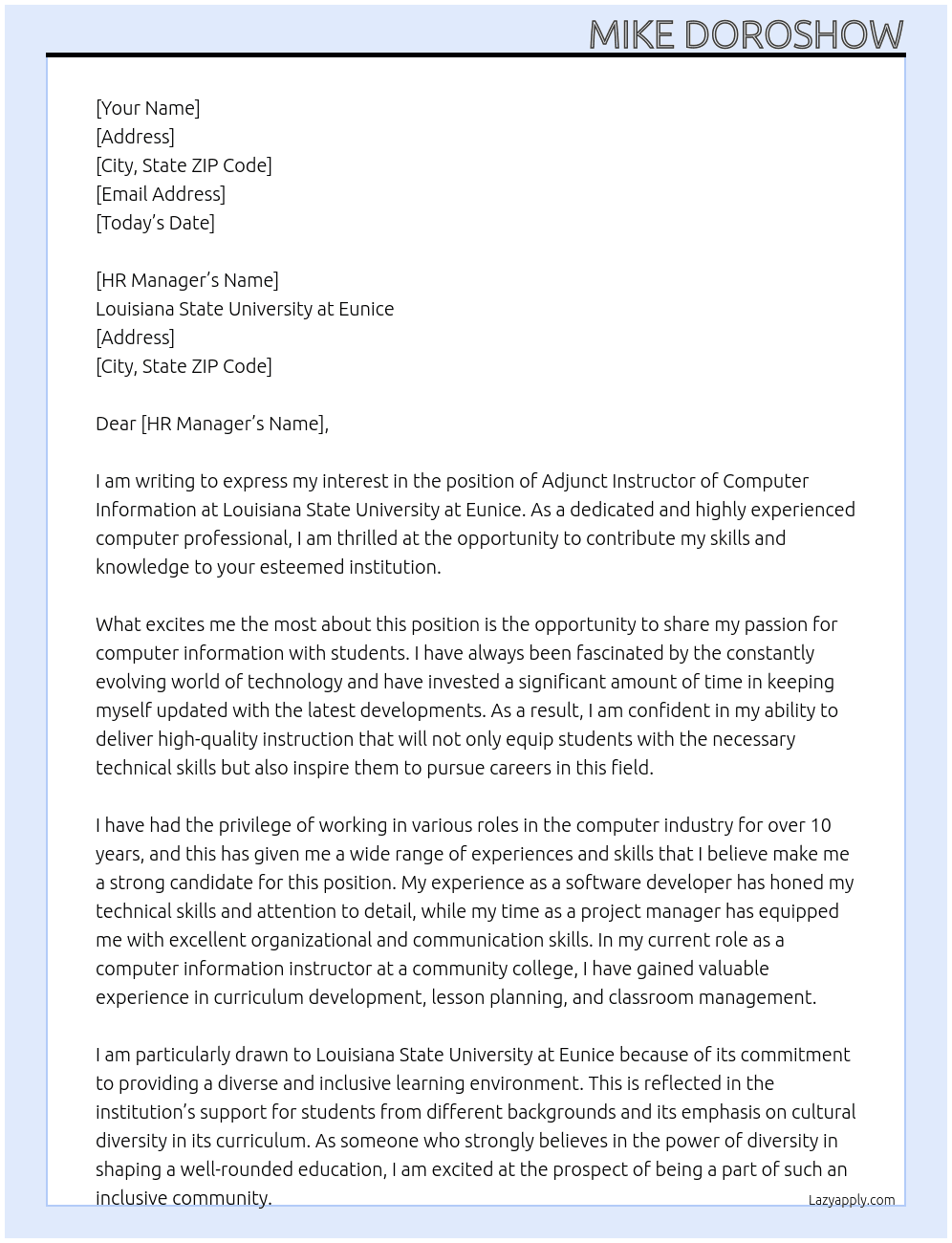 Adjunct Instructor of Computer Information  At Louisiana State University at Eunice Cover Letter
