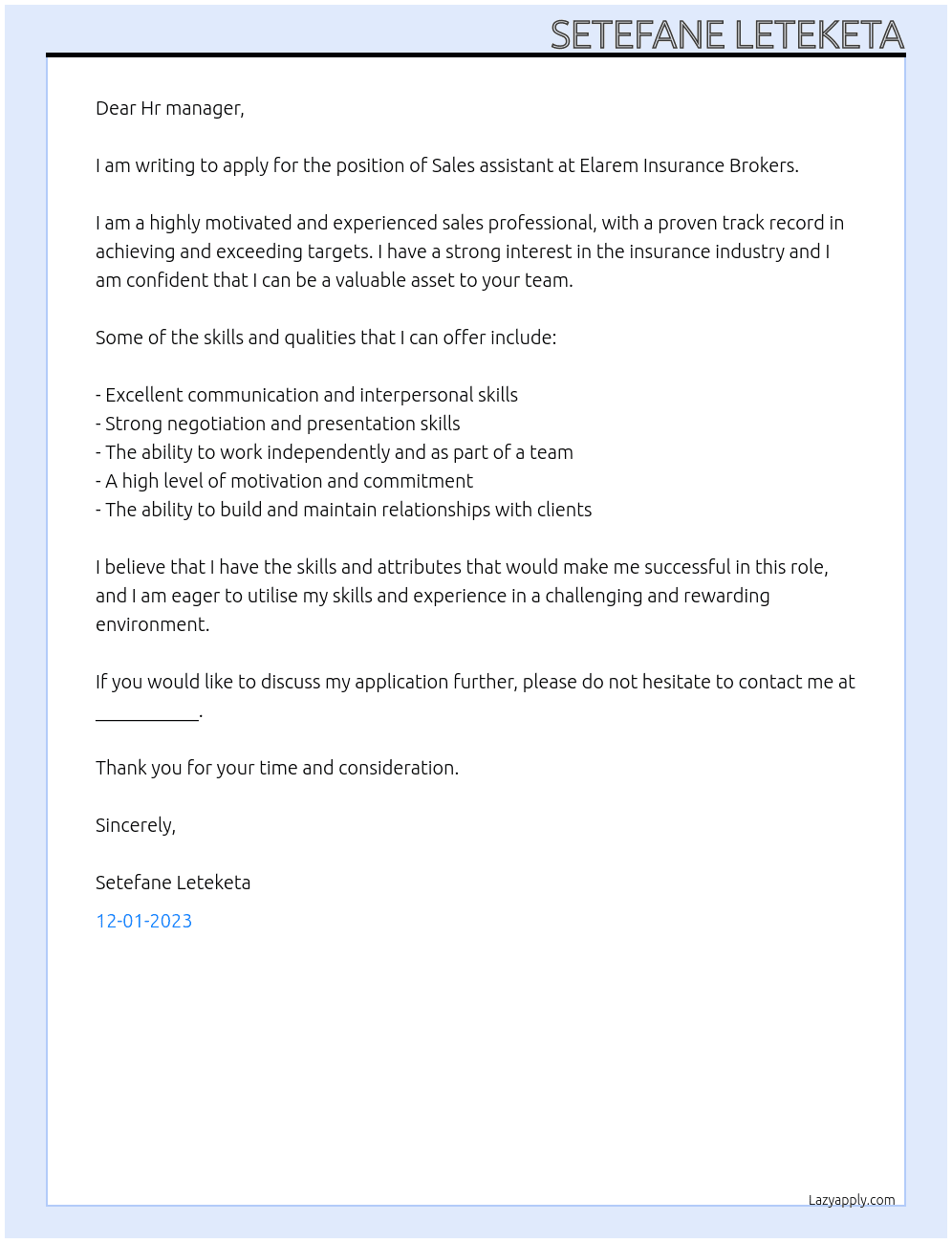 Sales assistant At Elarem Insurance Brokers Cover Letter