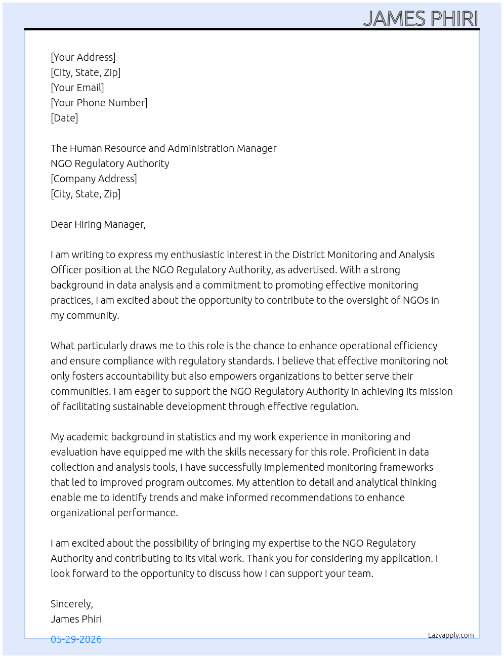 District monitoring and analysis officer At NGO Regulatory Authority  Cover Letter