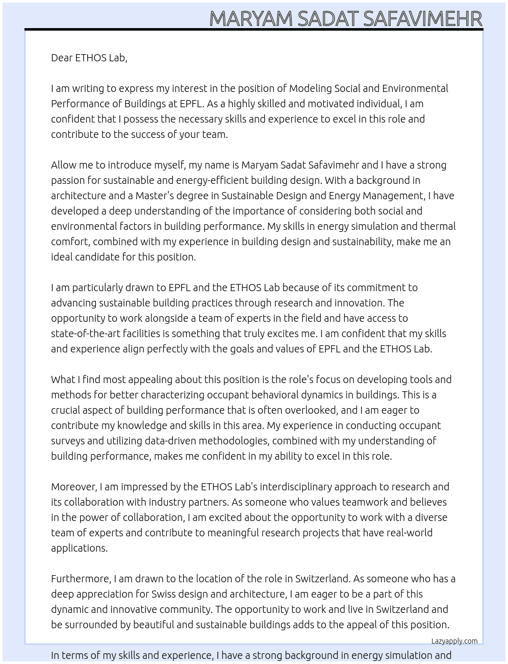 modeling social and environmental performance of buildings At EPFL Cover Letter