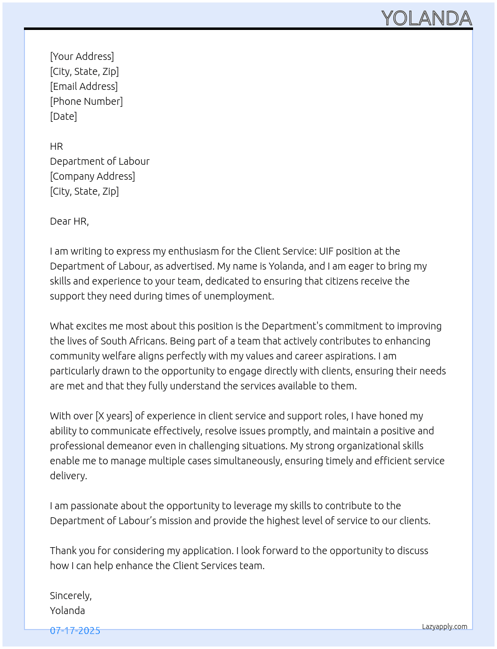 Cover letter for client service: uif - LazyApply
