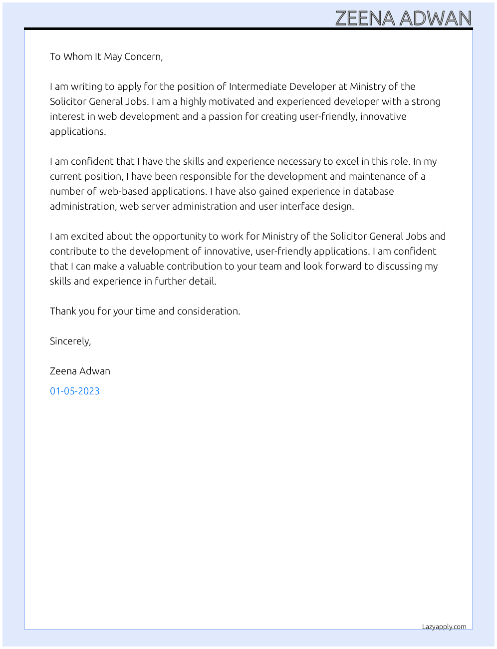 Intermediate Developer At ministry of the solicitor general jobs Cover Letter