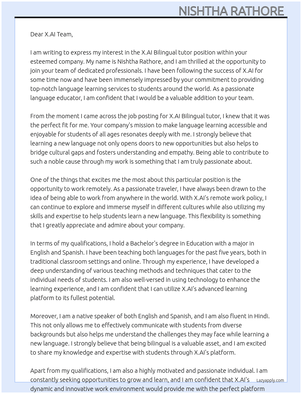 Cover letter for x.ai bilingual tutor - LazyApply
