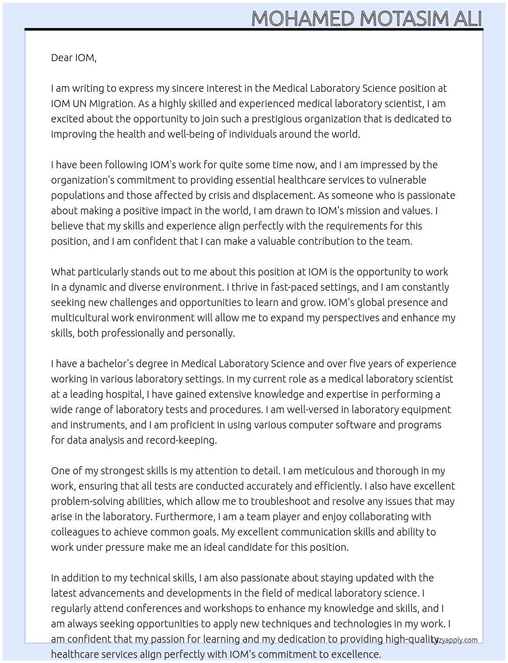 Medical laboratory science  At IOM UN Migration Cover Letter