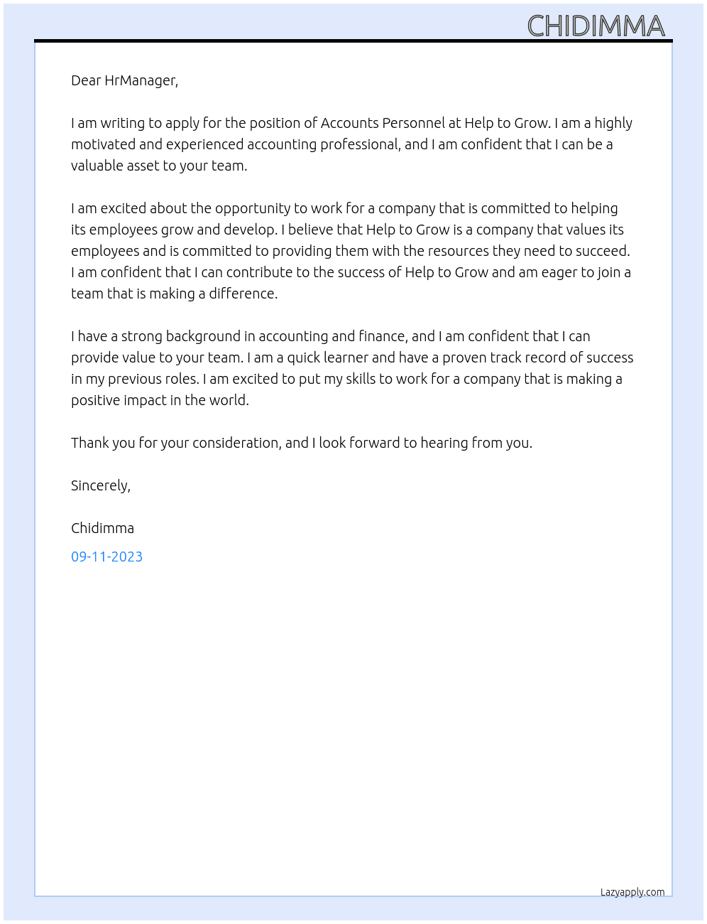 Accounts Personnel  At Help to Grow Cover Letter