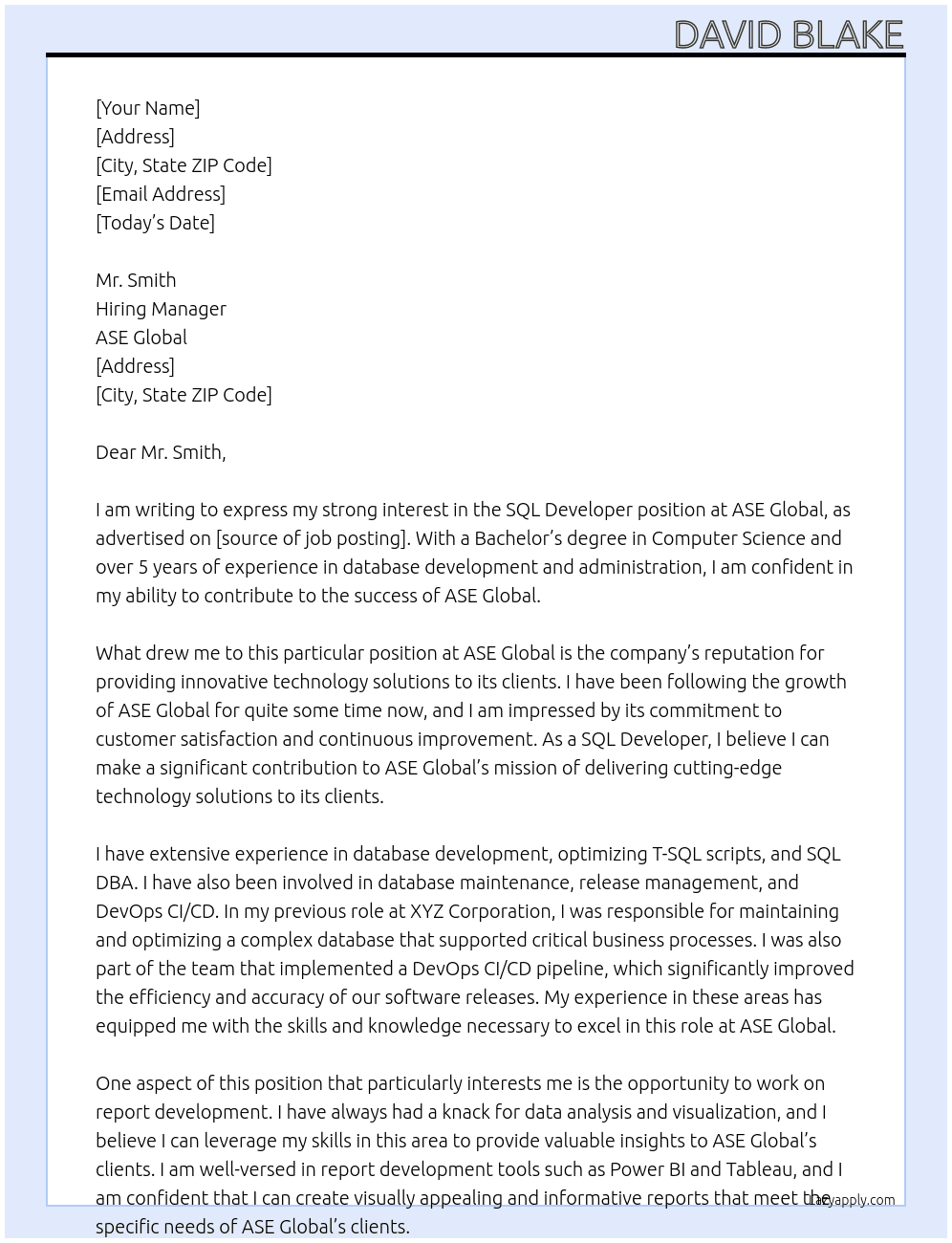 SQL Developer At ASE Global Cover Letter