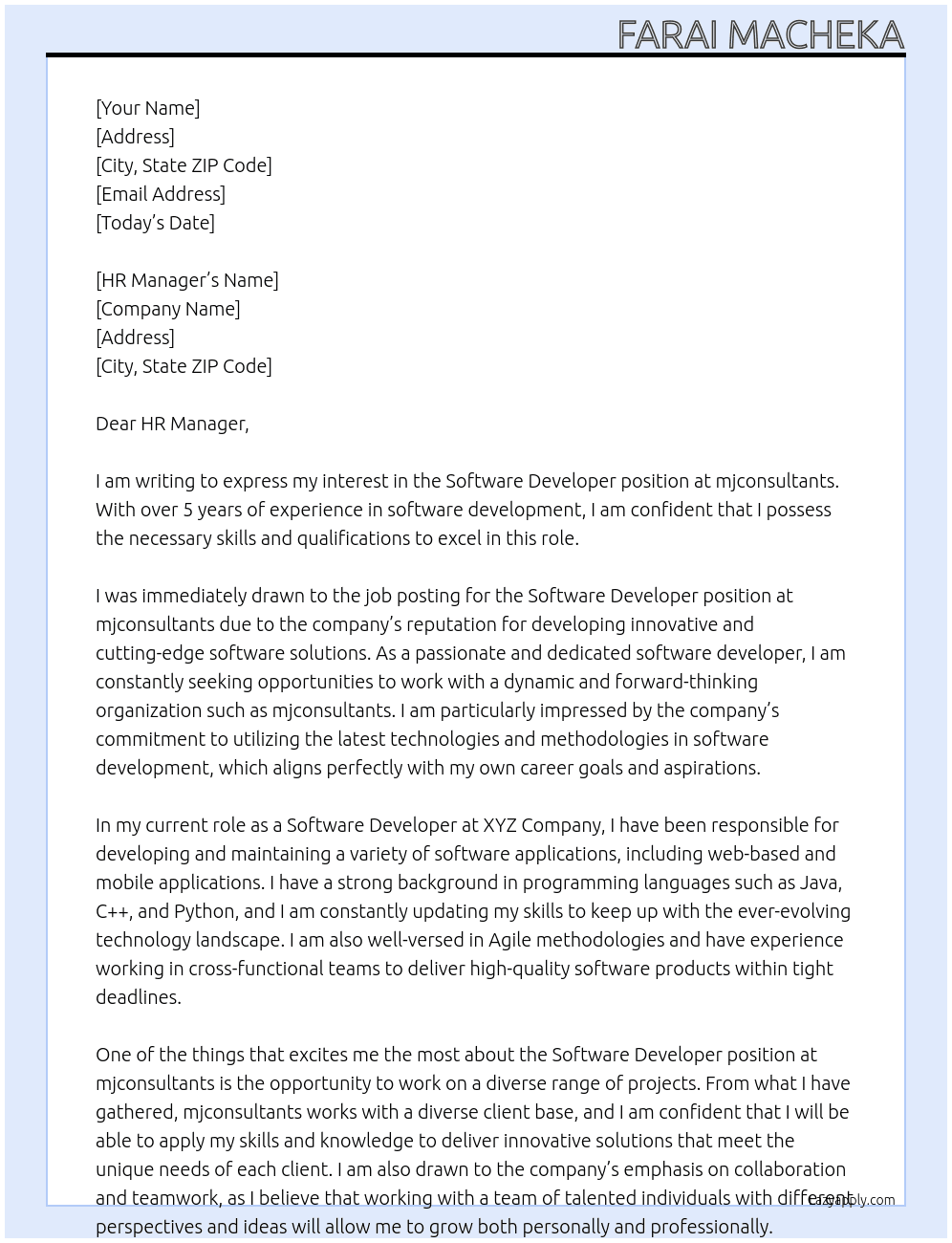 Software Developer At mjconsultants Cover Letter
