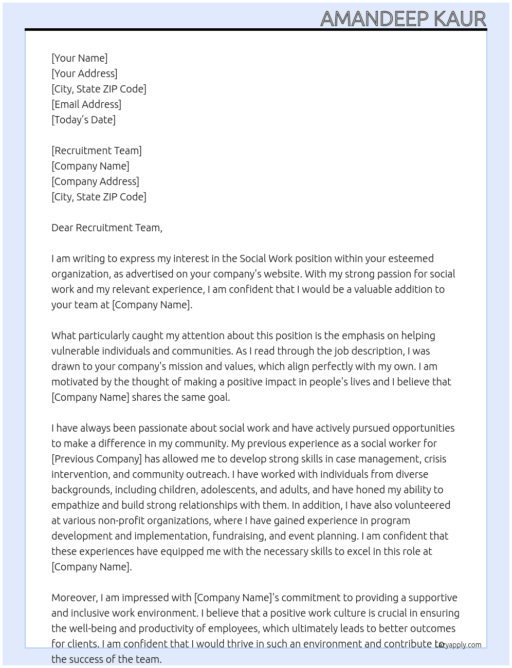 Social work  At Dear company  Cover Letter