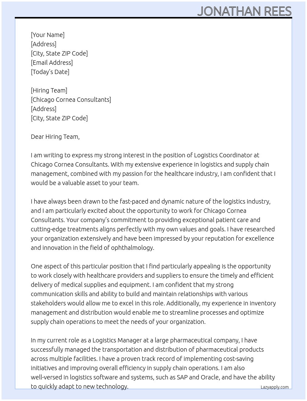 Logistics Corrdinator At Chicago Cornea Consultants Cover Letter