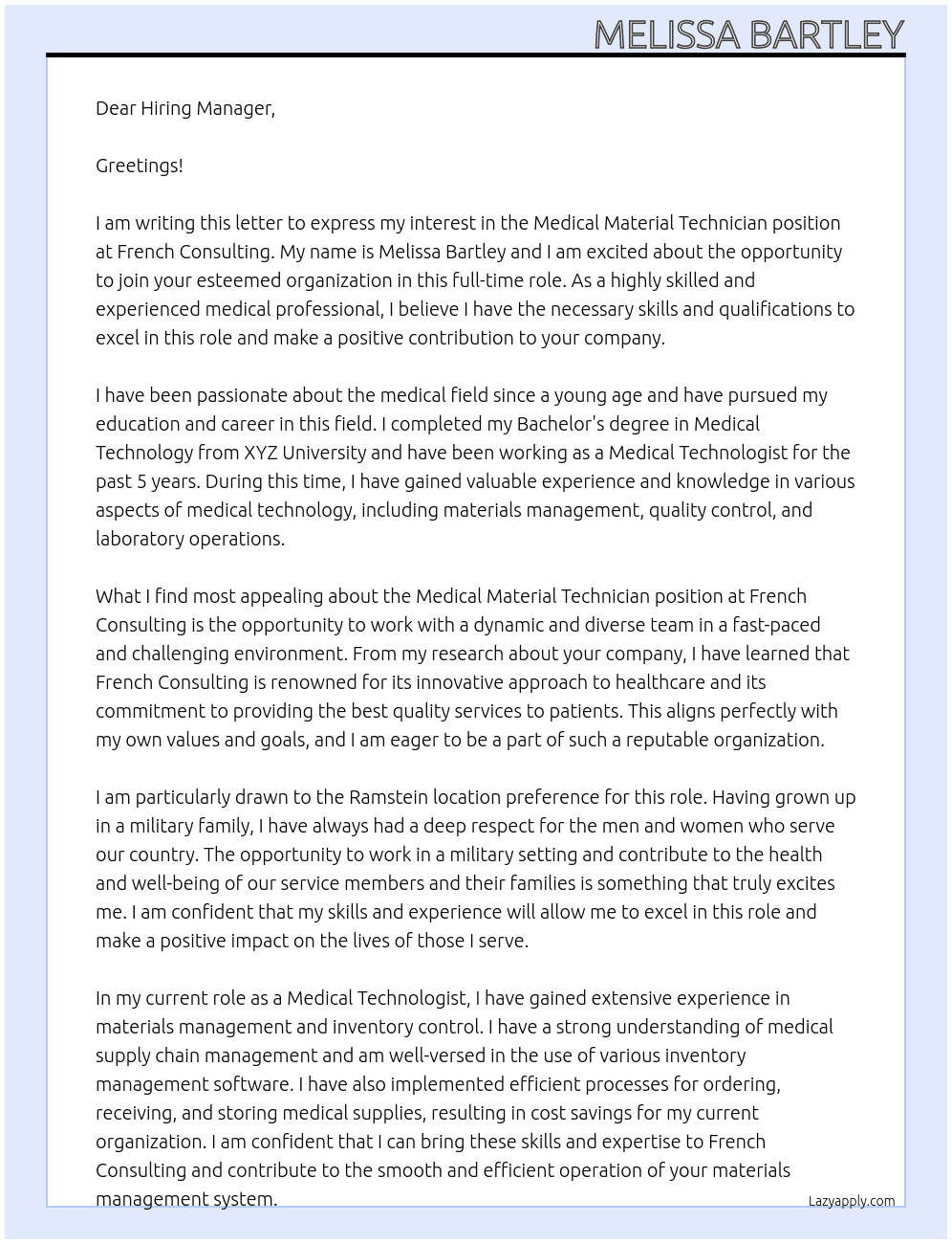 Medical Material Technician At French Consulting Cover Letter