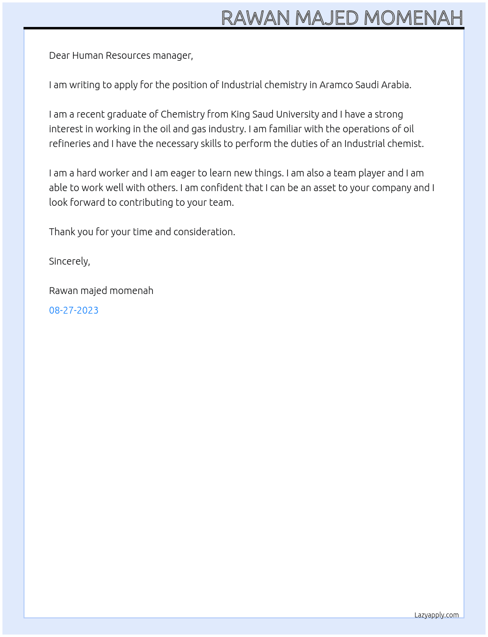 Industrial chemistry At Aramco Saudi Arabia Cover Letter