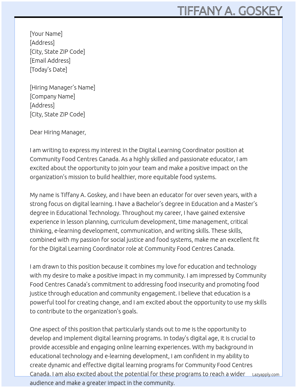 Digital Learning Coordinator At Community Food Centres Canada. Cover Letter