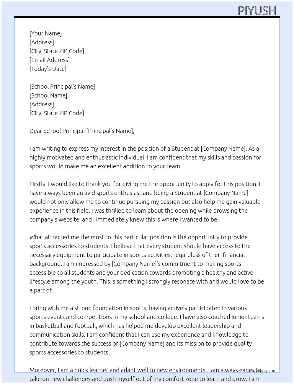 Student  At To provide us sports accessories  Cover Letter
