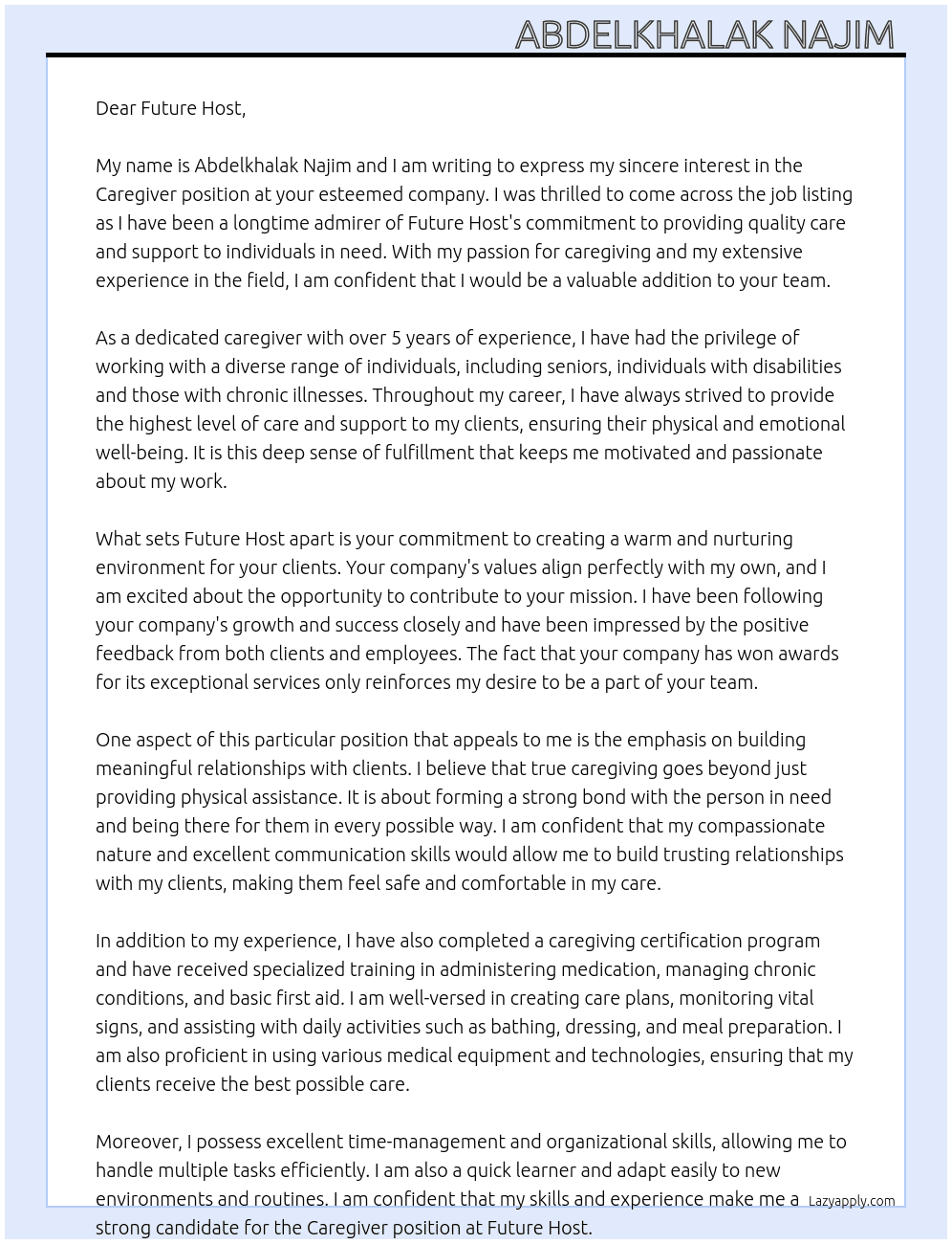 Caregiver At Future host  Cover Letter