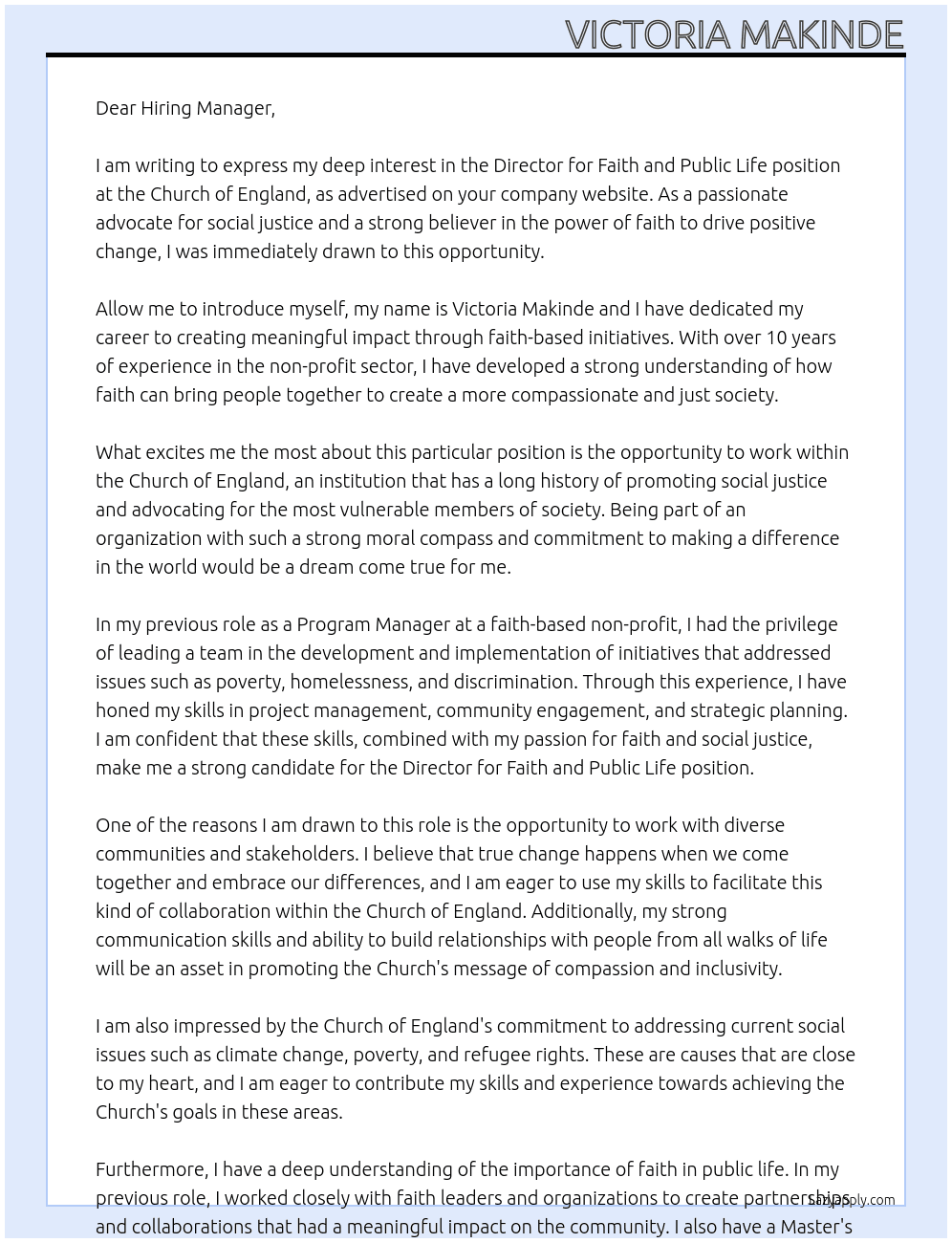 Director for Faith and Public Life At Church of England Cover Letter