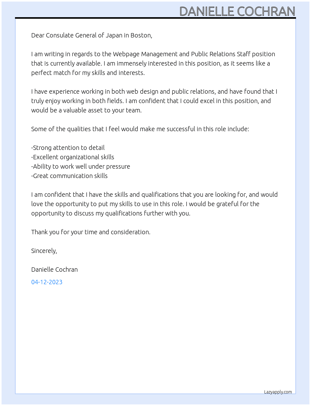 Webpage Management and Public Relations Staff At Consulate General of Japan in Boston Cover Letter