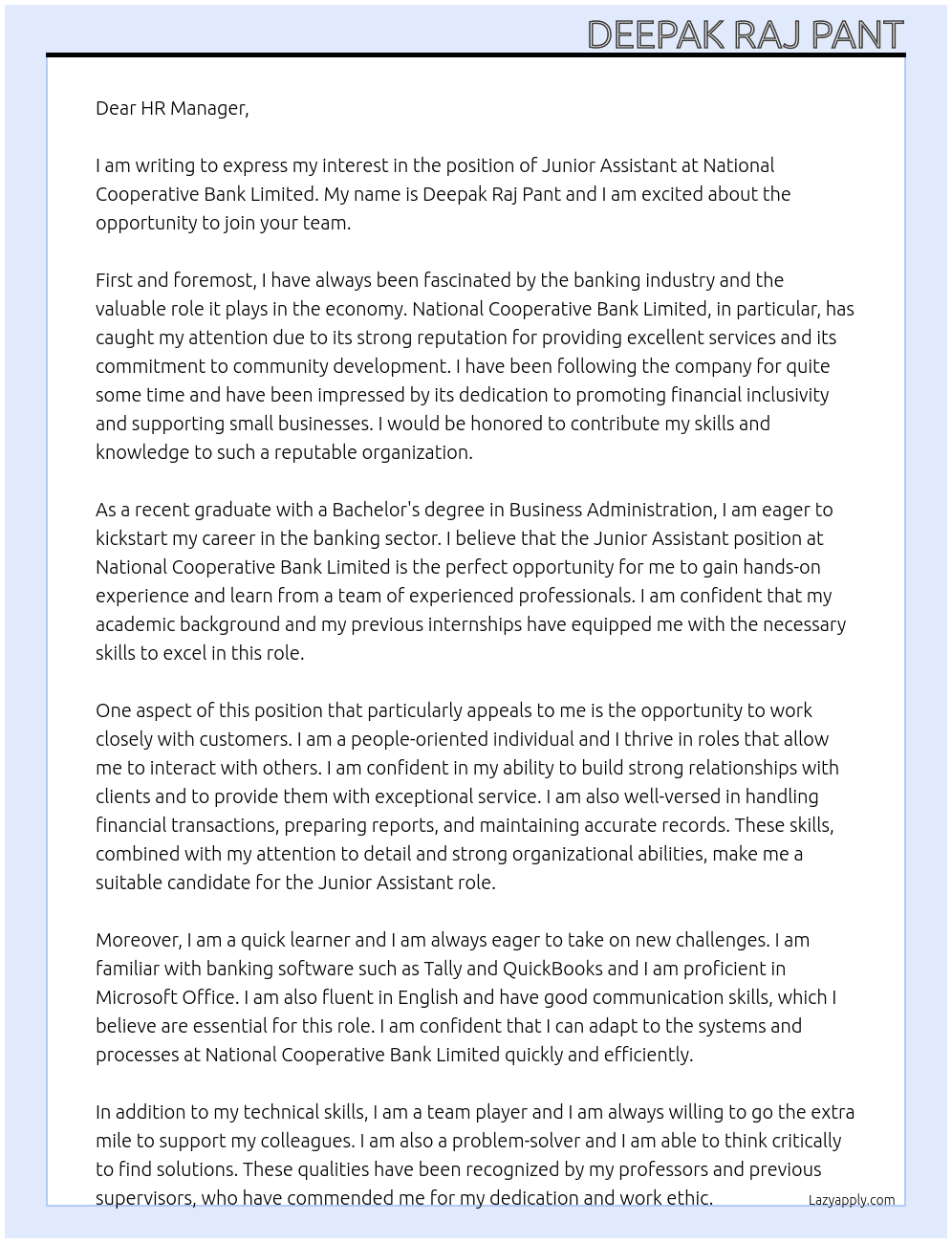 Junior assistant  At National cooperative bank limited  Cover Letter