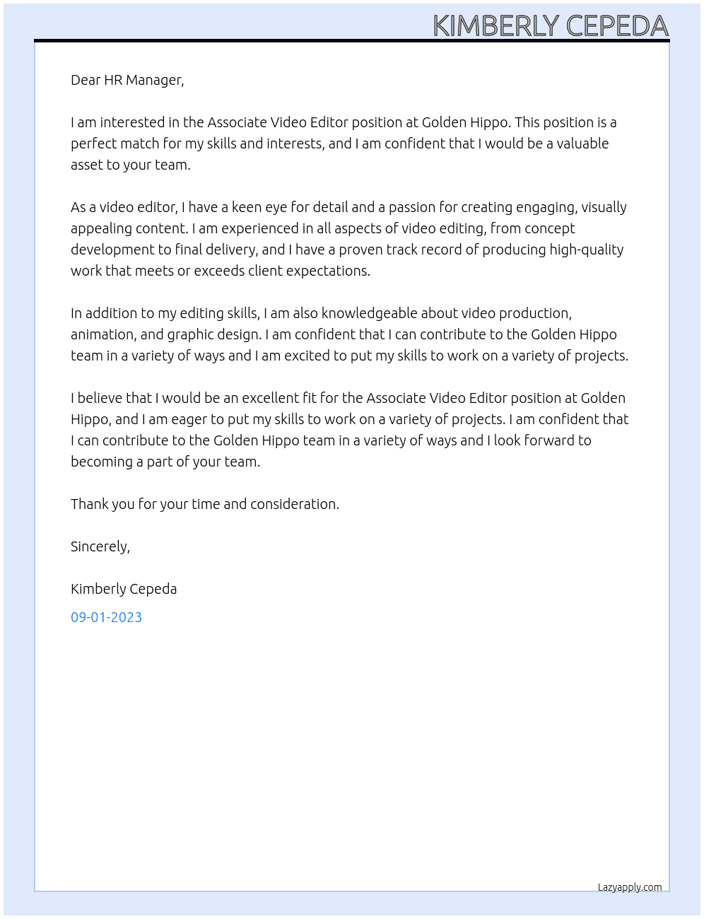 Associate Video Editor At Golden Hippo Cover Letter